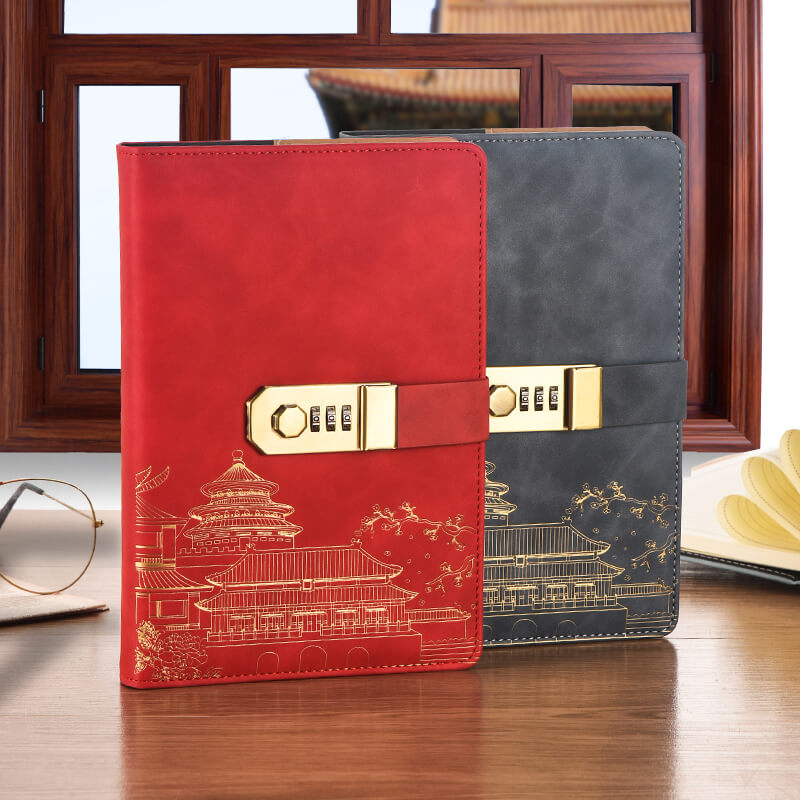 Secret Diary Notebook with Lock Forbidden City Cover - red and gray