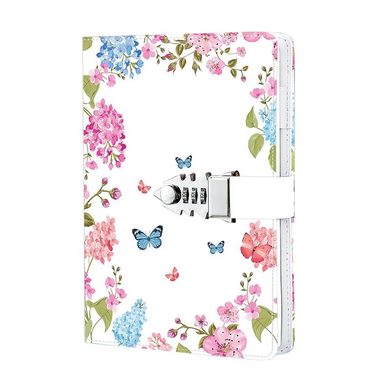 A5 Leather Journal with Lock, Password Lock Diary,Butterfly and Flower