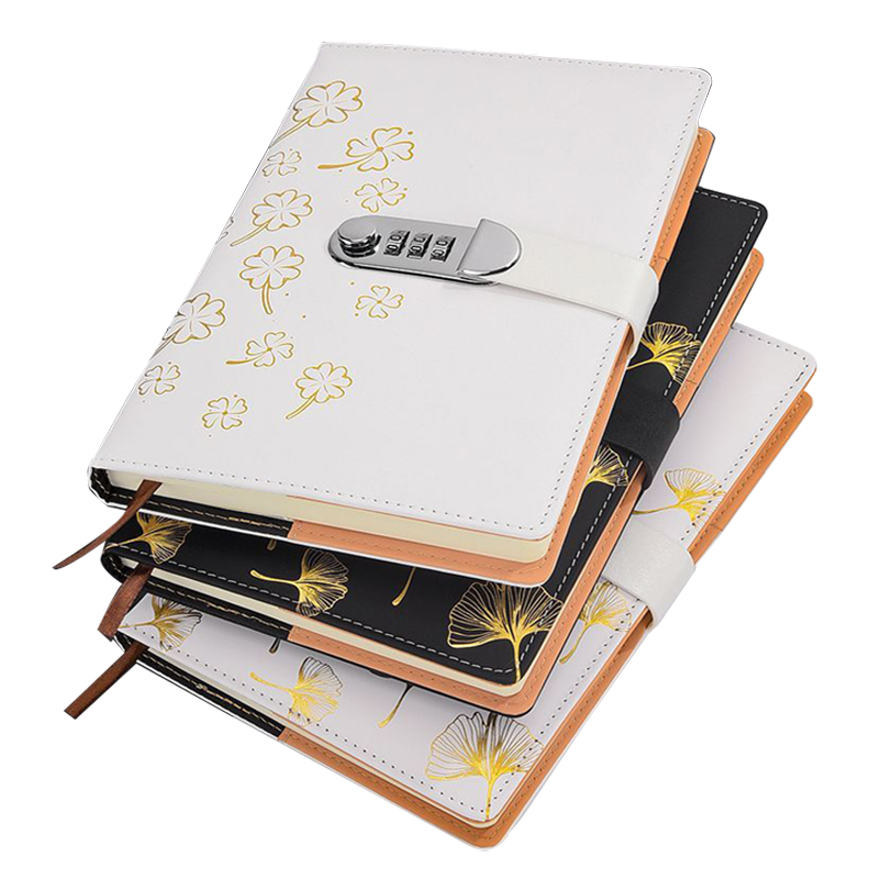 A5 Leather Journal with Lock, Password Lock Diary, Leaf Design